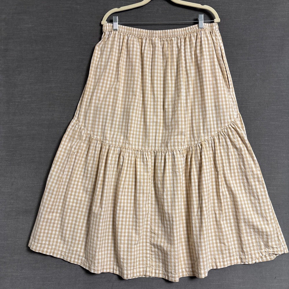 Old Navy Skirt XL Tan Gingham Cotton Curved Tiered Midi Preppy Summer Casual - Picture 4 of 9